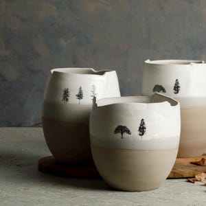 Nature Inspired Beige Ceramic Flower Vase with Trees, White-Gray Modern Rustic Planter Pot, Handmade Pottery Decor, Tall Large Flower Pot