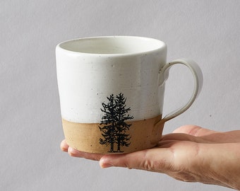 2 Handmade Ceramic White Mugs, 12 oz Pottery Coffee Mugs with Tree Print, Gift for Mom
