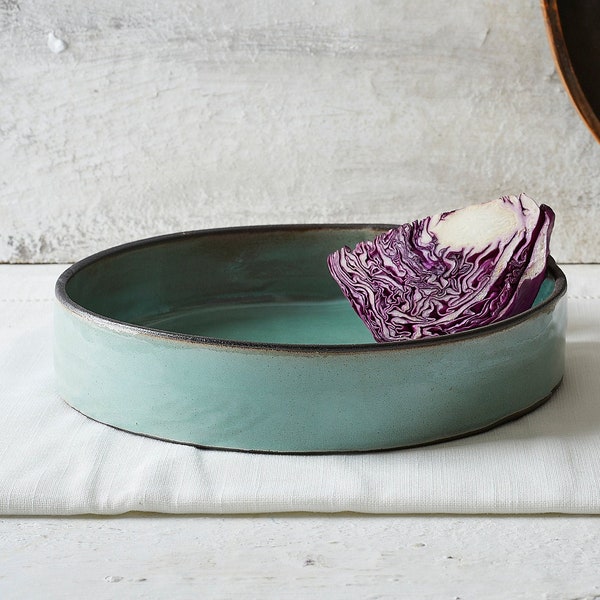 Large Round Turquoise Casserole Baking Dish, Ceramic Handmade Oven to Table Baking & Serving Dish