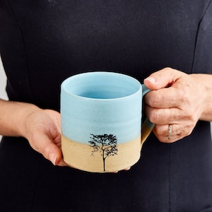Set of 2 Light Blue Large Modern Handmade Ceramic Mugs, Pottery Coffee Mugs Set with Handles, Unique Tea Mugs, Bohemian Mugs Gift For Mom