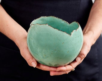 Large Turquoise Ceramic Planter with Drainage Hole and Saucer  | Round Egg Shape Vase