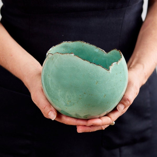 Large Turquoise Ceramic Planter with Drainage Hole and Saucer  | Round Egg Shape Vase