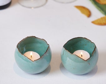 Set of 2 Turquoise Ceramic Handmade Candle Holders, Votive Candle Holder Set, Living Room, Entrance Decor, Bedside Decor, Gift for Her