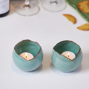 Set of 2 Turquoise Ceramic Handmade Candle Holders, Votive Candle Holder Set, Living Room, Entrance Decor, Bedside Decor, Gift for Her