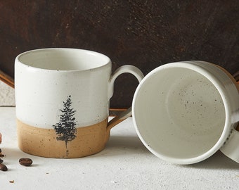 Set of 4 White and Natural Clay Handmade Pottery Coffee Mugs, Large Modern 12 Oz Ceramic Mugs Set