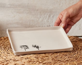 White Rectangle Ceramic Tray With High Rim, Handmade Modern