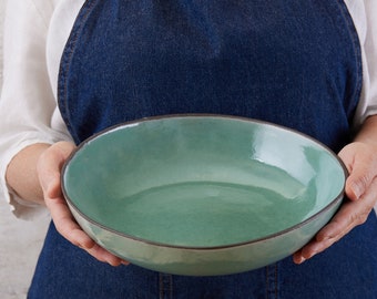 Turquoise Ceramic Serving Bowl, Large Pasta Bowl, Decorative Pottery Fruit Bowl, Gift For Mom