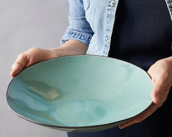 Turquoise 11" Large Ceramic Serving Bowl, Elegant Handmade Pottery Salad Serving Bowl, Hostess Xmas Gift