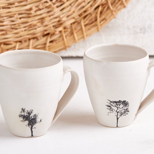 Set of 4 Black and White Ceramic Mugs With Tree Decals Tall Etsy