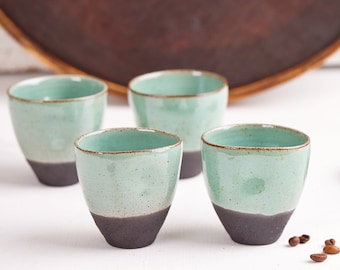 FOUR 4 Espresso Cups Set, Handcrafted Ceramic Turquoise and Black Espresso Cups, 5 Oz Pottery Unique Espresso Cup, Small Tea Tumblers