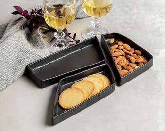 Black Ceramic Serving Dish, Set of 3 Tapas Serving Bowls, Divided Appetizer Offering Dish, Unique Modern Hosting Set, Snacks Serving Tray