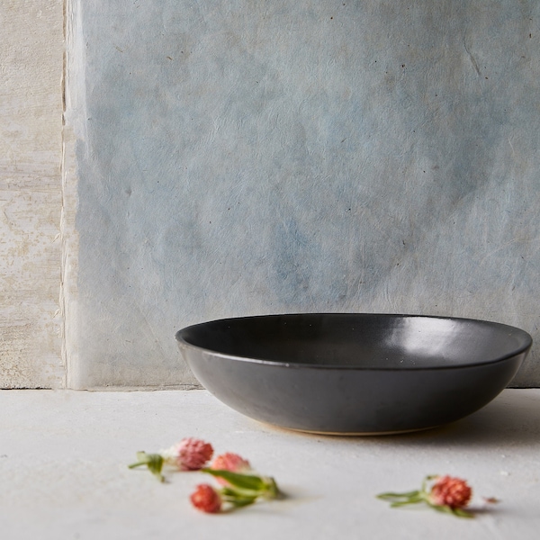 Set of 2 Black Ceramic Pasta Bowls, Handmade Elegant Modern Pottery Large Serving Bowls