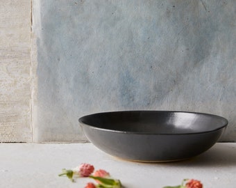 Set of 2 Black Ceramic Pasta Bowls, Handmade Elegant Modern Pottery Large Serving Bowls