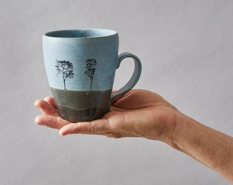 TWO Blue & Black Pottery Handmade Mugs with Tree Decals, Tall Large Ceramic 10 Oz Coffee Mugs Set of 2
