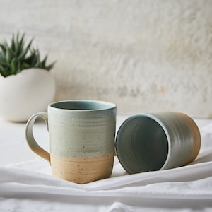 Juego de 2 tazas de cerámica turquesa, juego de tazas de café de cerámica hechas a mano