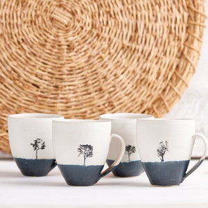 Set of 4 Black and White Ceramic Mugs with Tree Decals, Tall Coffee Cups, Modern Teacups, White Tumblers