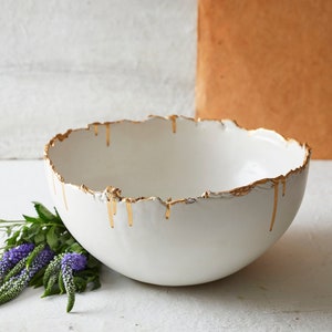 Large White Ceramic Bowl with Real Gold Rim, Decorative Deep Bowl, Entryway Bowl with Gold Drips Decoration, Large Serving Bowl image 1