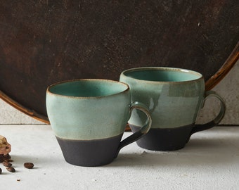 2 Turquoise and Black Ceramic Mugs, Unique 12 Oz Coffee Mugs Set, Modern Handmade Rustic Mugs Set