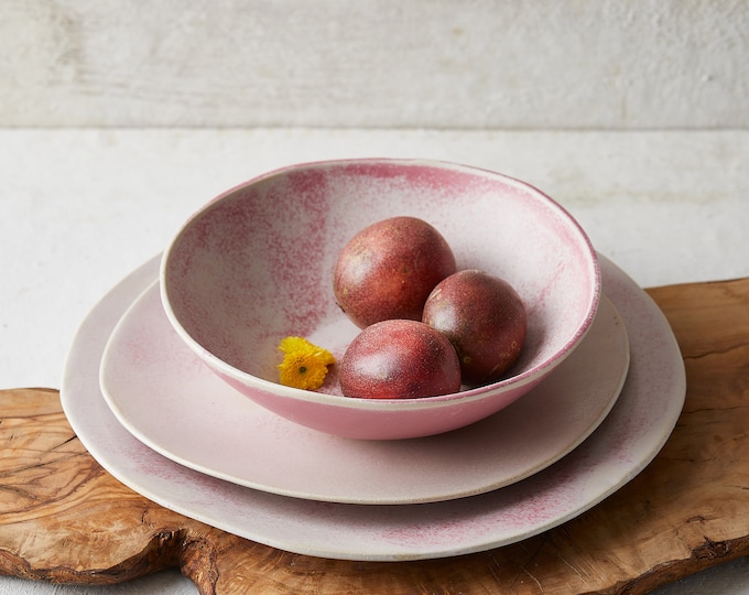 Pastel Pink Pottery Dinnerware Set - Large Dinner Plate, Salad Plate, Large Soup Bowl - Handmade Dinner Set