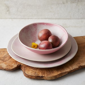 Pastel Pink Pottery Dinnerware Set - Large Dinner Plate, Salad Plate, Large Soup Bowl - Handmade Dinner Set
