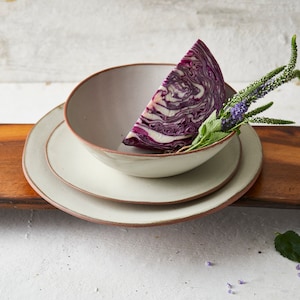 Off White Terracotta Clay Handmade Ceramic Dinnerware Set for One, Dinner Plate, Salad Plate, Soup Bowl, Rustic Pottery Dinner Set