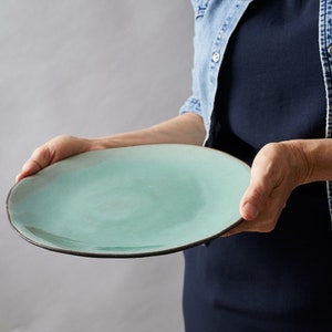 Set of 2 Turquoise Rustic Handmade Ceramic Large Dinner Plates Set