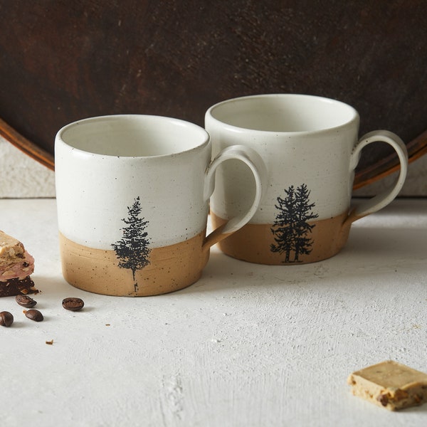 Set of 2 White Ceramic Mugs, Pottery Handmade Coffee Mugs Set with Handle, Huggable Straight Large Tea Mugs, Rustic Modern Look Mugs