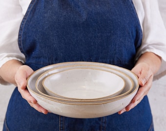 Pottery Handmade Matte Milky White Large Serving Bowl, Set of 3 Round Pasta Serving Dish, Ceramic Dinner Serving Dishes