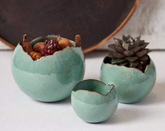 Set of 3 Turquoise Handmade Eclectic Ceramic Planters, Unique Bohemian Home Decor, Indoor Decorative Planters Set