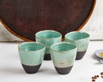 Set of 4 Turquoise and Black 8.5 Oz Pottery Cups, Handmade Ceramic Coffee Tumblers, Modern Tea Cups, Wedding Gift