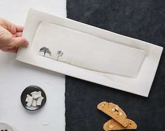 White Large Ceramic Rectangular Tray, Cake Dish, Platter With Tree Decals