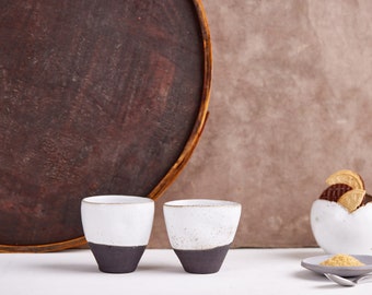 Set of 2 Black and White Handmade Pottery Espresso Tumblers, Ceramic Espresso Cups