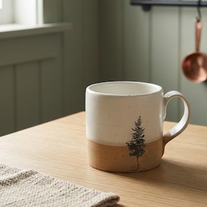 Könnte beinhalten: Ein Keramikbecher mit zweifarbigem Design, bestehend aus einem gesprenkelten cremeweißen oberen Teil und einem einfarbigen beigen Boden. Auf der Vorderseite des Bechers mit Henkel befindet sich ein schwarzer Aufdruck eines Nadelbaums.