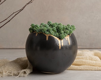 Black and Gold Eclectic Succulents Pottery Planter Pot, Decorative Handmade Round Ceramic Planter for Indoor, FOUR Size Option, Wedding Gift