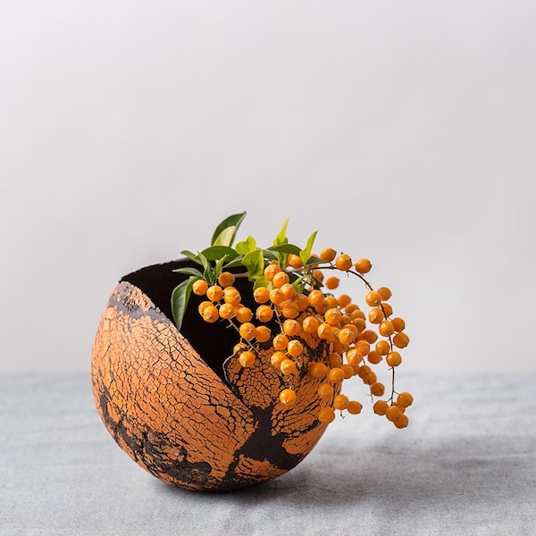 Medium Orange and Black Ceramic Planter for Succulent