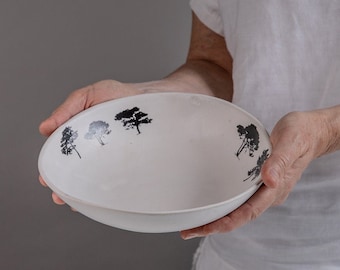 Deep White Ceramic Serving Bowl, Modern Decorative Pottery Bowl, Ceramic Dinner Serving Dish, White Kitchenware, Japanese Serving Bowl