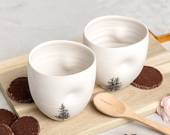 Set of 2 White Asymmetric Ceramic Espresso Cups with Tree Decals, Pottery 8.5 oz Modern Tea Cups, Small White Tumblers