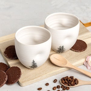 2 White Pottery Espresso Cups, Set of Two Unique Ceramic 4 Oz