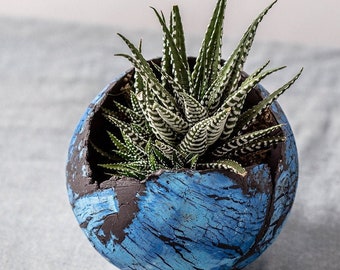 Medium Blue and Black Ceramic Planter | Egg shaped Vase For Succulent | Decorative Ceramic Pot