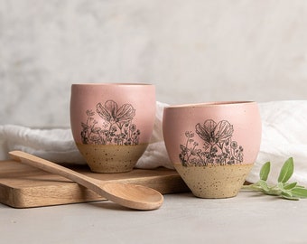 TWO Handmade Pink Floral Romantic Pottery Espresso Cups, Ceramic Small Espresso Tumblers, Tea / Coffee Cups Without Handle, Gift For Mom