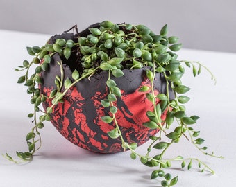 Large Red & Black Succulent Planter Pot, Handmade Boho Chic Ceramic Plant Pot