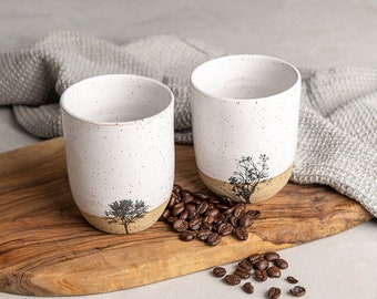 Set of TWO White & Exposed Natural Clay Ceramic High Tumblers, 9 Oz Tea Cups, Mom Christmas Gift, Pottery Drinking Glass, Fir Tree Gifts