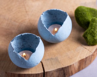 Set of 2 Grained Blue Ceramic Candle Holders, Votive Candle Holder, Living Room Decor, Bathroom Decor, Romantic Gift