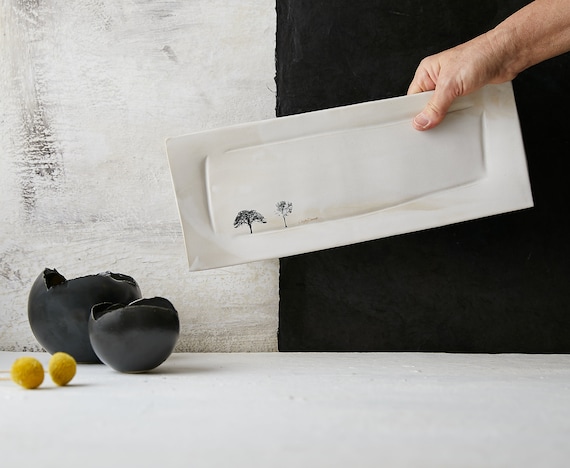 Bandeja rectangular de ceramica grande blanca plato para pasteles plato con calcomanias de arboles Etsy Espana
