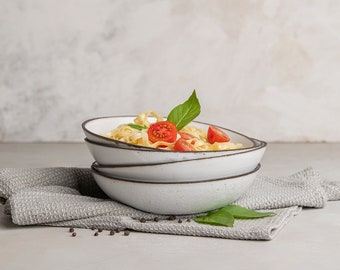 TWO Ceramic White Pasta Bowls, Handmade Rustic Soup Bowls, Pottery Dinnerware Bowls, Large Bowls Set, Unique Soup Serving Bowls