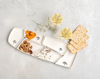 Puzzle Tapas Serving Plate Set, White Ceramic Handmade Modern Serving Set, Unique Alternative Large Pottery Snacks Serving Platter