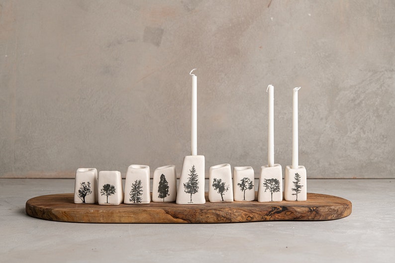 Handmade Ceramic Modular White Hanukkiah, Modern Hanukkah Menorah with Tree Decor, Jewish Hanukkah Menorah, Jewish Wedding / Holidays Gift
