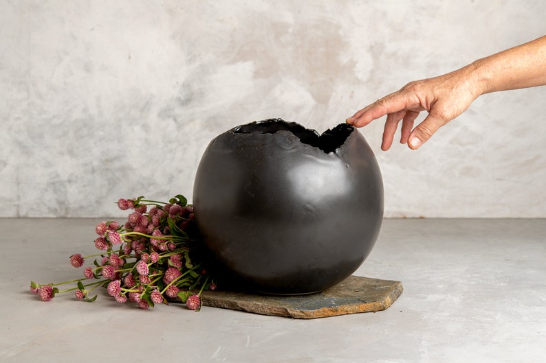 XXL Black Pottery Wide Round Ball-Shaped Planter Pot, Contemporary Large Decorative Planter, Handmade Ceramic Planter, Christmas Gift image 5