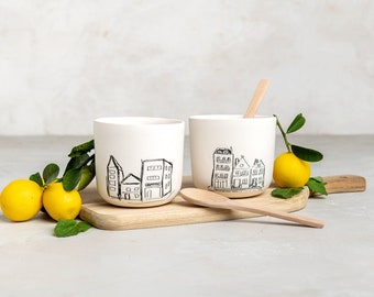 Set of TWO White Ceramic Handmade Coffee Cups with Houses, Large 12 Oz Tea Cups, Mom Christmas Gift, Pottery Drinking Tumbler, New Home Gift