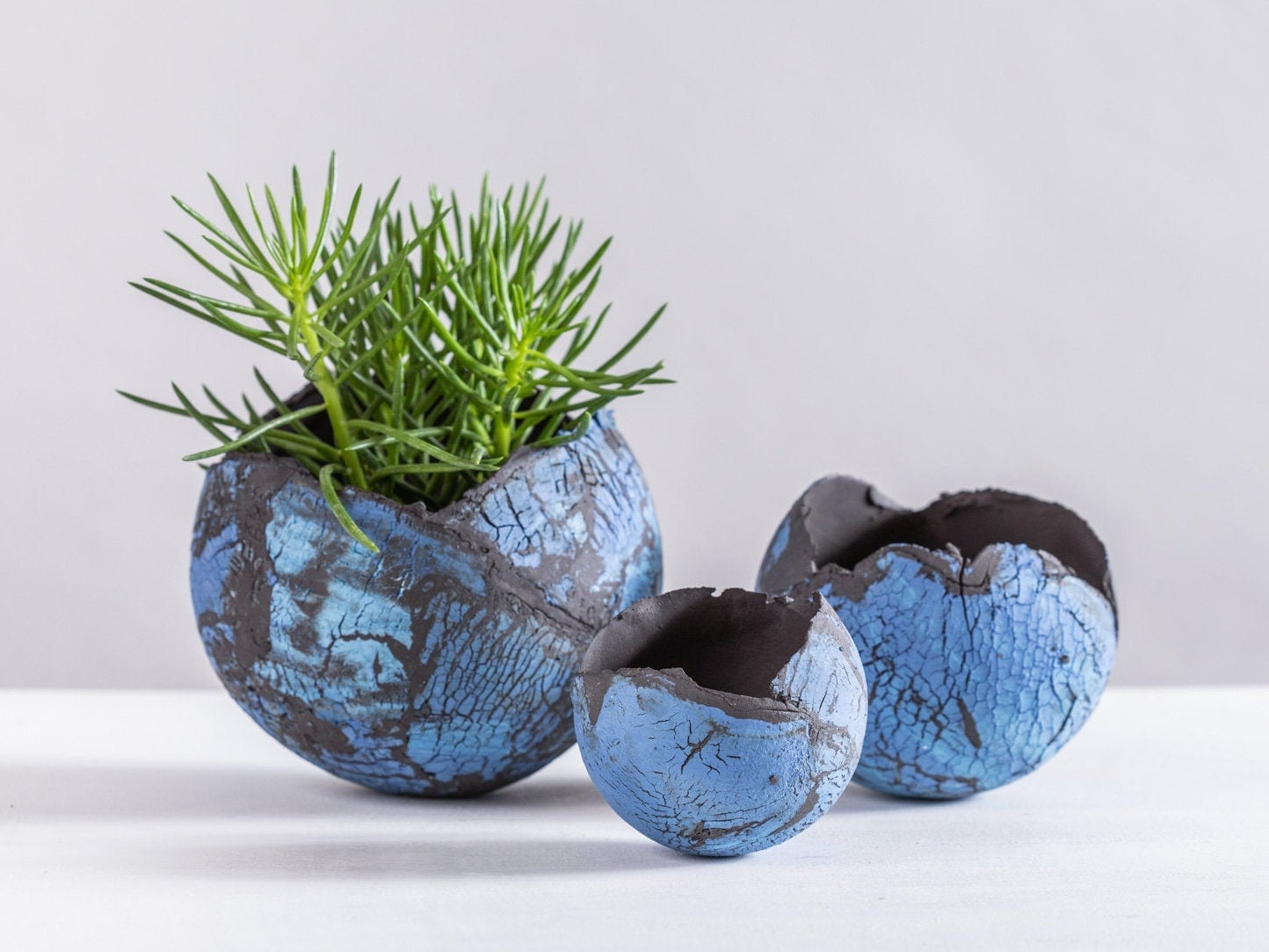 Ensemble de 3 Planteurs en Céramique Bleu et Noir, Bol Moderne Forme d'œuf